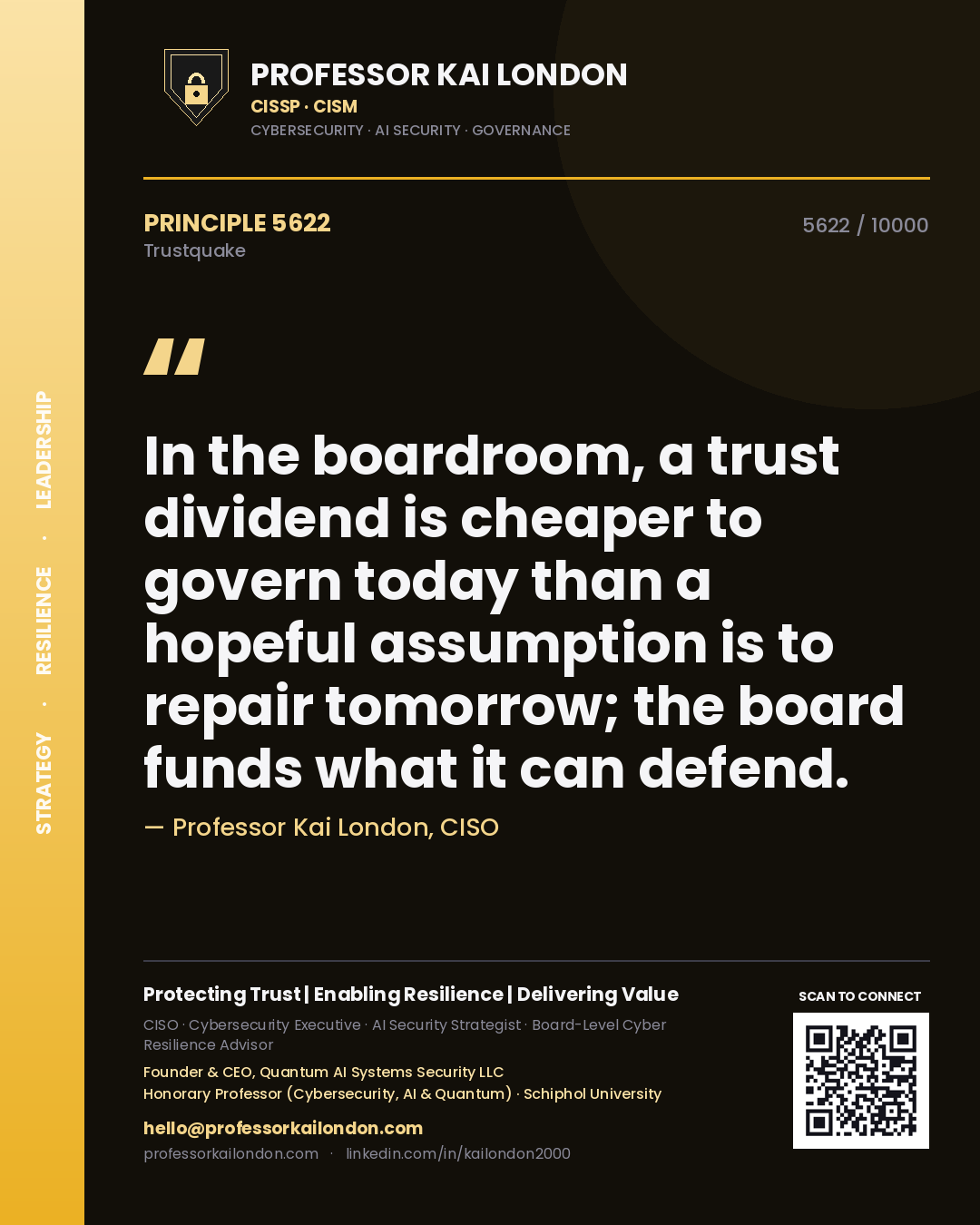 Quote card by Professor Kai London reading 'In the boardroom, a trust dividend is cheaper to govern today than a hopeful assumption is to repair tomorrow; the board funds what it can defend.'. From the book Trustquake.