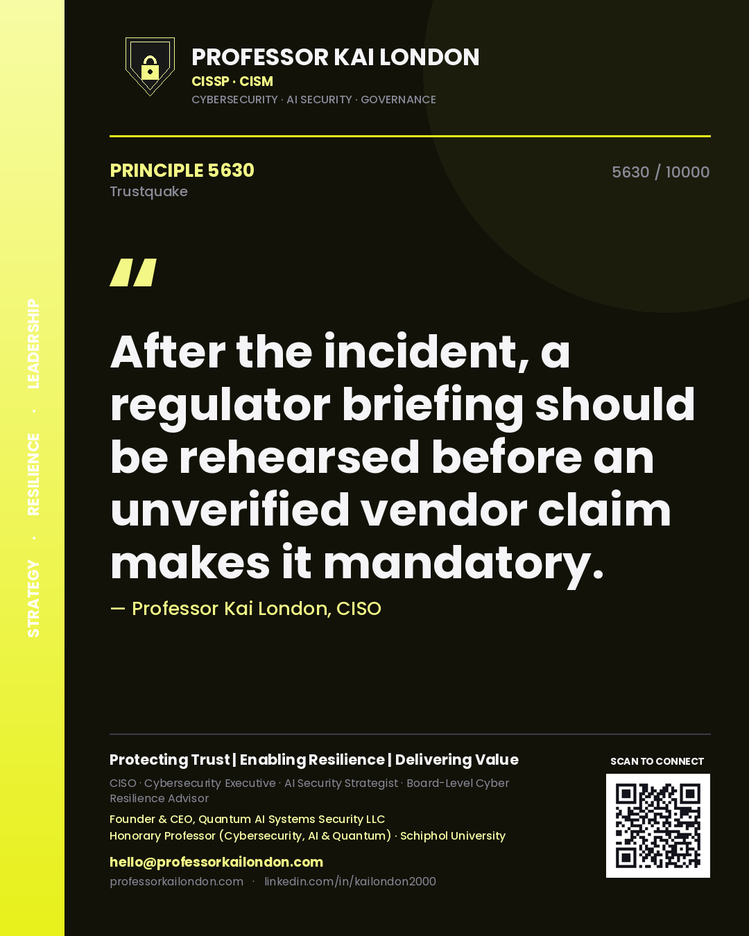 Quote card by Professor Kai London reading 'After the incident, a regulator briefing should be rehearsed before an unverified vendor claim makes it mandatory.'. From the book Trustquake.