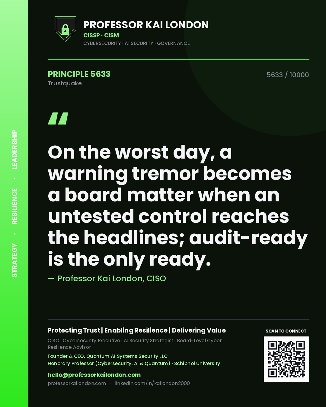 Quote card by Professor Kai London reading 'On the worst day, a warning tremor becomes a board matter when an untested control reaches the headlines; audit-ready is the only ready.'. From the book Trustquake.