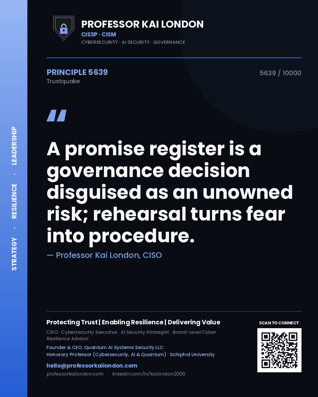 Quote card by Professor Kai London reading 'A promise register is a governance decision disguised as an unowned risk; rehearsal turns fear into procedure.'. From the book Trustquake.