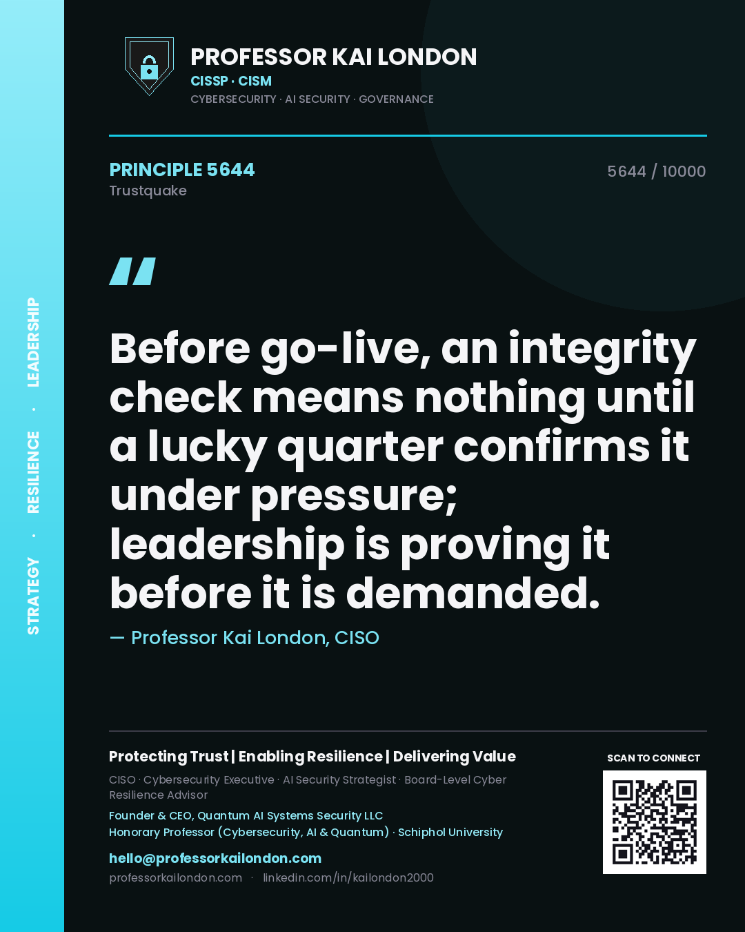 Quote card by Professor Kai London reading 'Before go-live, an integrity check means nothing until a lucky quarter confirms it under pressure; leadership is proving it before it is demanded.'. From the book Trustquake.