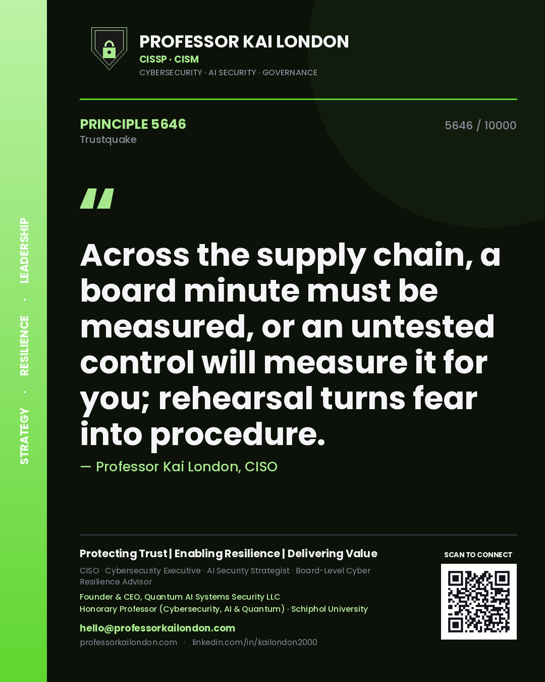 Quote card by Professor Kai London reading 'Across the supply chain, a board minute must be measured, or an untested control will measure it for you; rehearsal turns fear into procedure.'. From the book Trustquake.