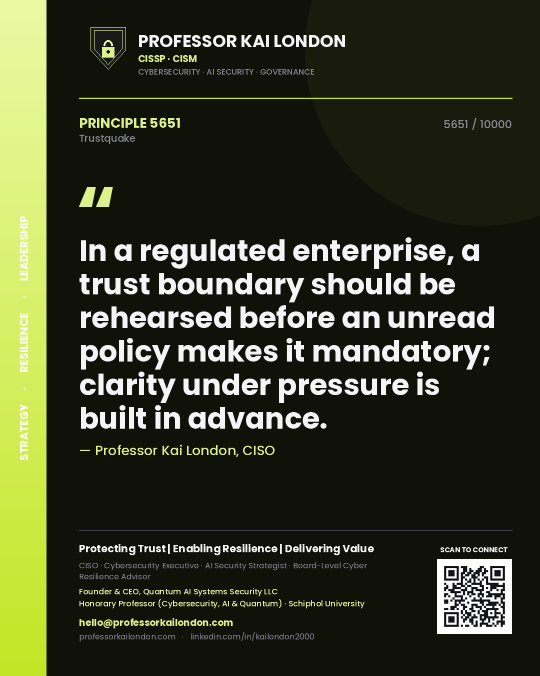 Quote card by Professor Kai London reading 'In a regulated enterprise, a trust boundary should be rehearsed before an unread policy makes it mandatory; clarity under pressure is built in advance.'. From the book Trustquake.