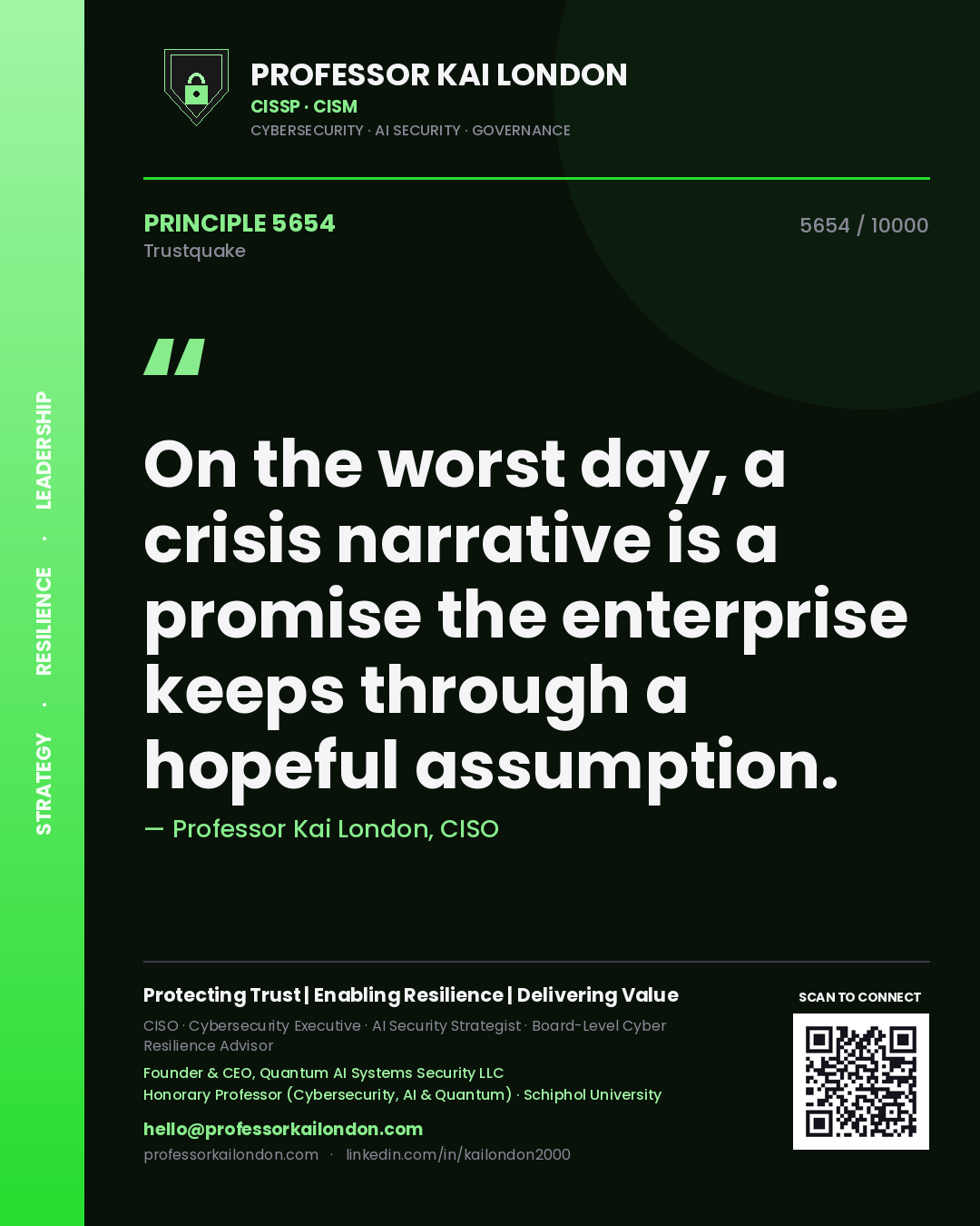 Professor Kai London principle 5654: On the worst day, a crisis narrative is a promise the enterprise keeps through a hopeful assumption.