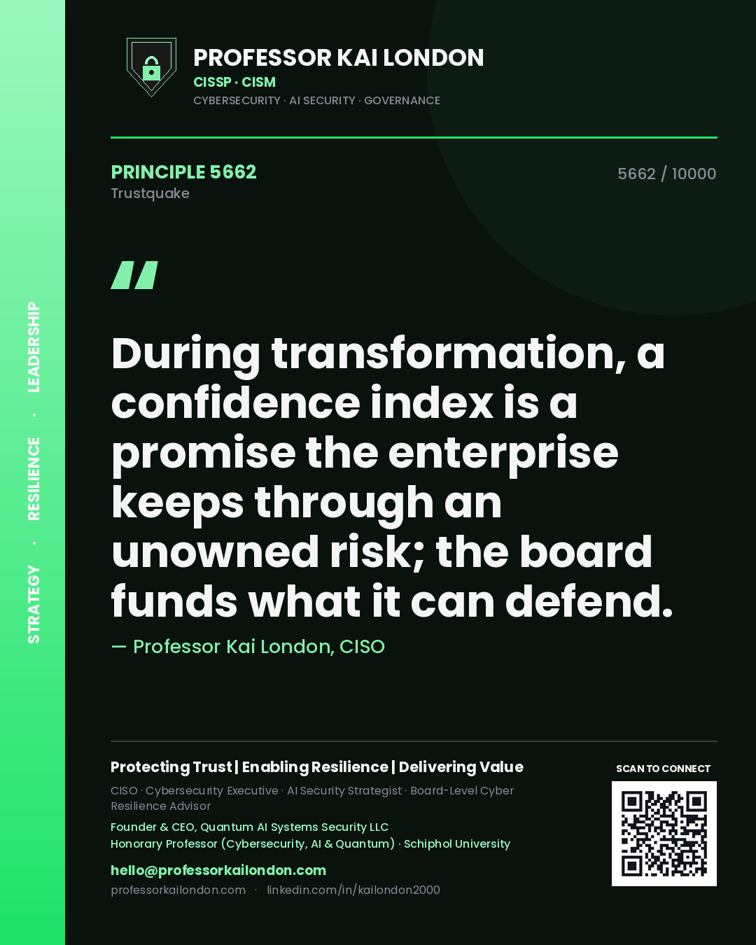 Quote card by Professor Kai London reading 'During transformation, a confidence index is a promise the enterprise keeps through an unowned risk; the board funds what it can defend.'. From the book Trustquake.