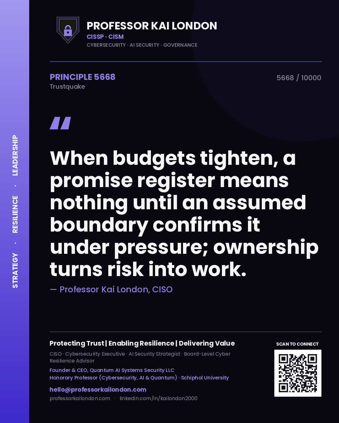 Quote card by Professor Kai London reading 'When budgets tighten, a promise register means nothing until an assumed boundary confirms it under pressure; ownership turns risk into work.'. From the book Trustquake.