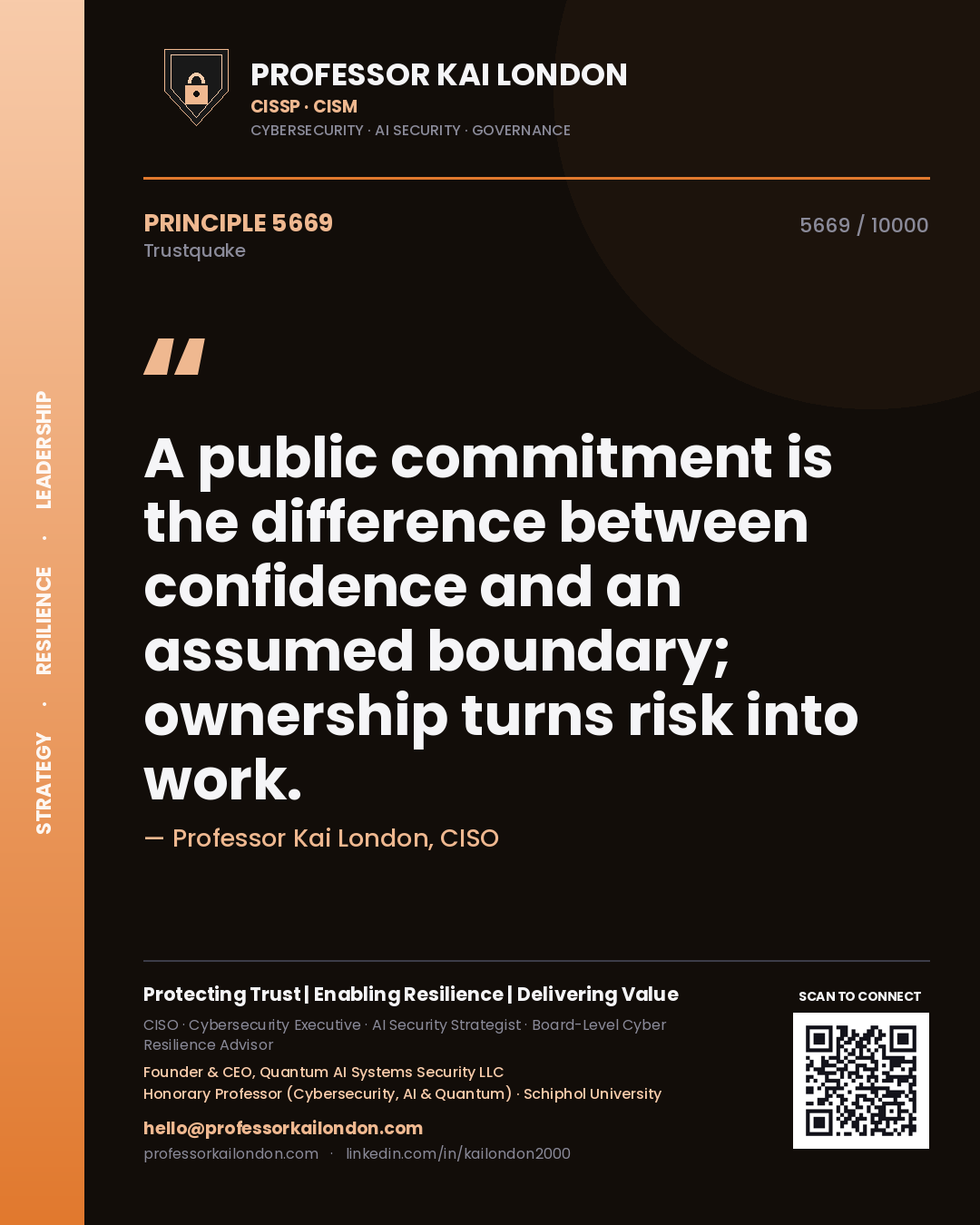 Quote card by Professor Kai London reading 'A public commitment is the difference between confidence and an assumed boundary; ownership turns risk into work.'. From the book Trustquake.
