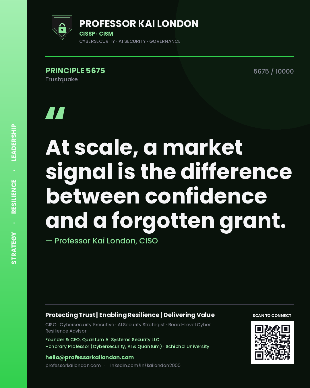 Quote card by Professor Kai London reading 'At scale, a market signal is the difference between confidence and a forgotten grant.'. From the book Trustquake.