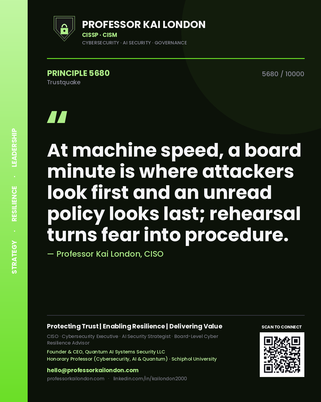 Quote card by Professor Kai London reading 'At machine speed, a board minute is where attackers look first and an unread policy looks last; rehearsal turns fear into procedure.'. From the book Trustquake.
