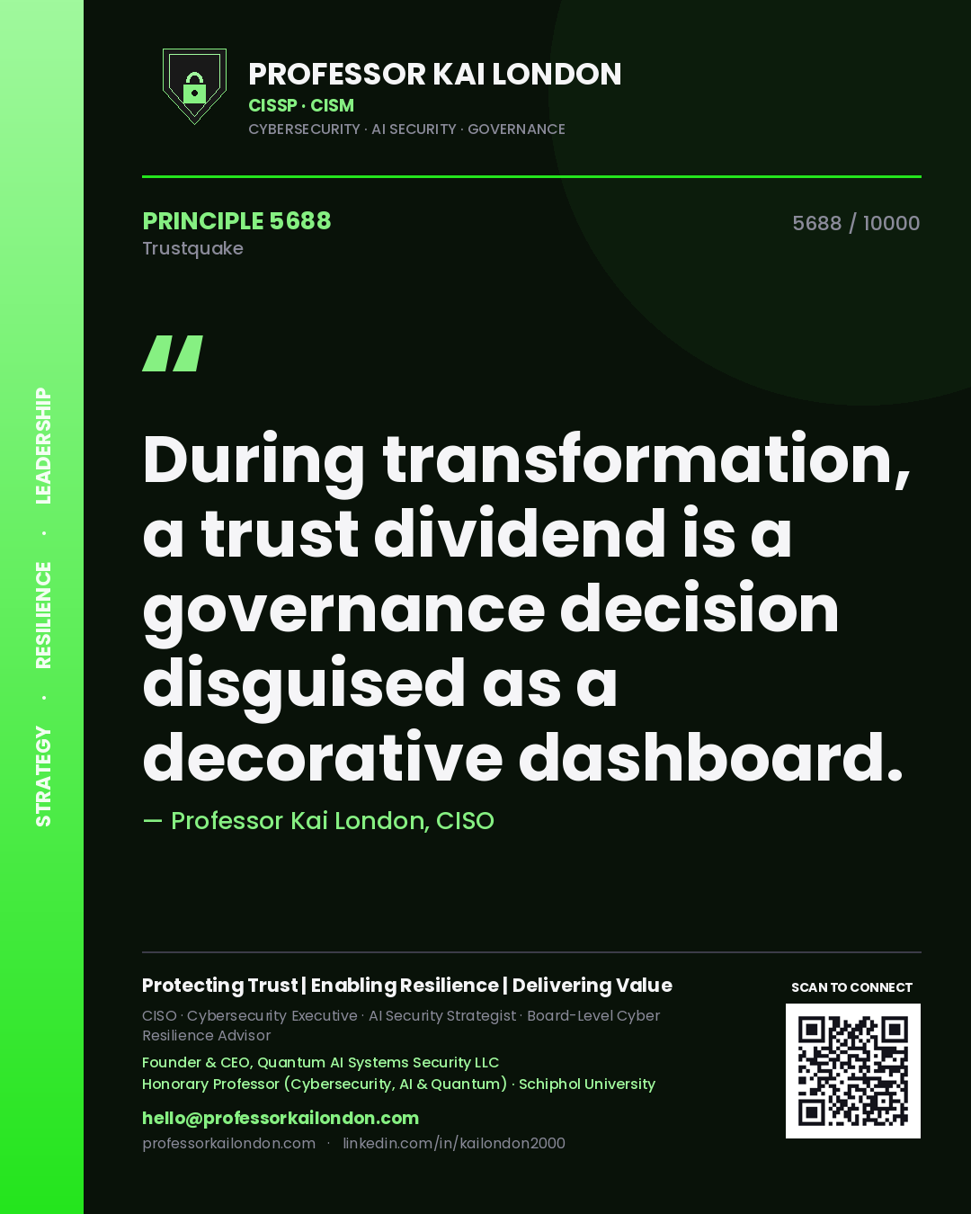 Quote card by Professor Kai London reading 'During transformation, a trust dividend is a governance decision disguised as a decorative dashboard.'. From the book Trustquake.