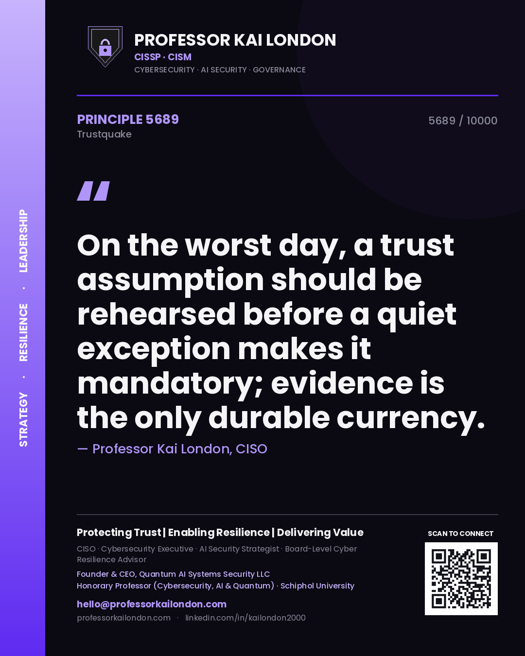 Quote card by Professor Kai London reading 'On the worst day, a trust assumption should be rehearsed before a quiet exception makes it mandatory; evidence is the only durable currency.'. From the book Trustquake.