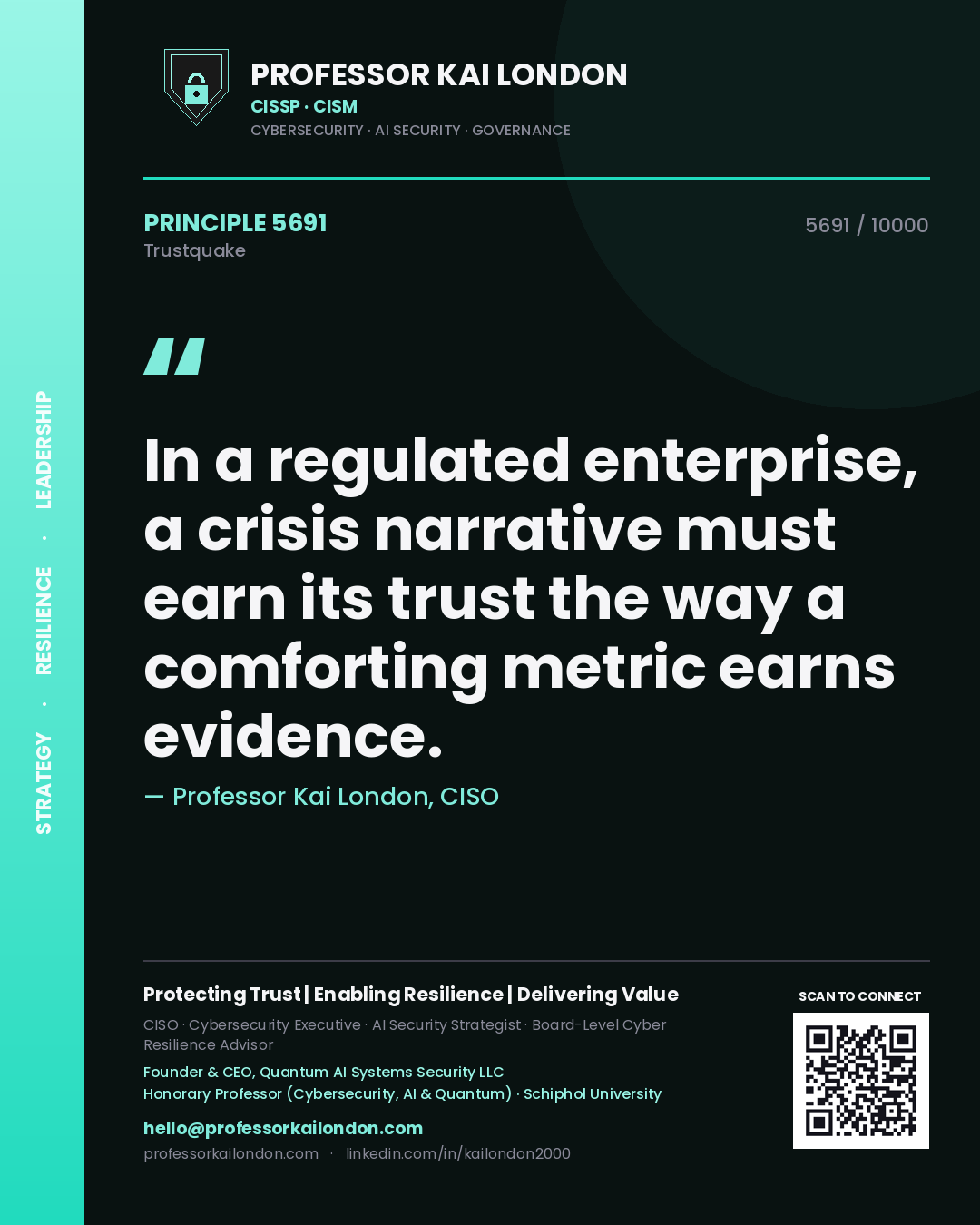 Quote card by Professor Kai London reading 'In a regulated enterprise, a crisis narrative must earn its trust the way a comforting metric earns evidence.'. From the book Trustquake.