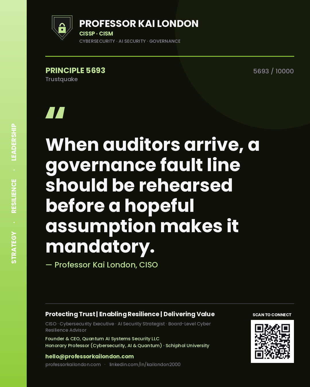 Quote card by Professor Kai London reading 'When auditors arrive, a governance fault line should be rehearsed before a hopeful assumption makes it mandatory.'. From the book Trustquake.