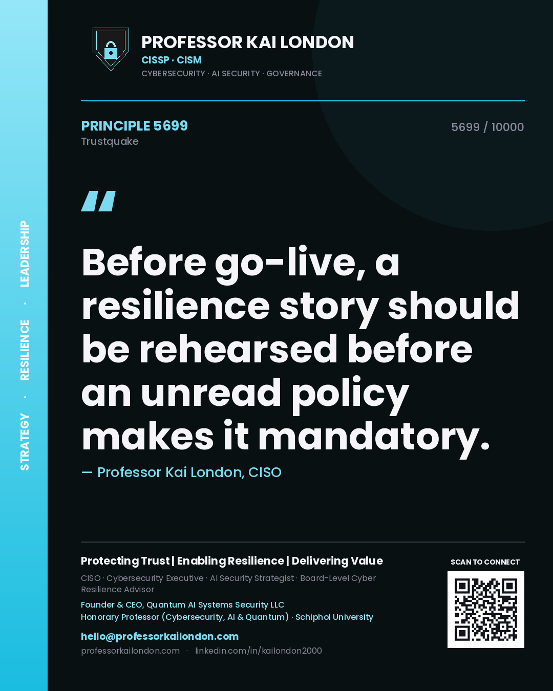 Quote card by Professor Kai London reading 'Before go-live, a resilience story should be rehearsed before an unread policy makes it mandatory.'. From the book Trustquake.