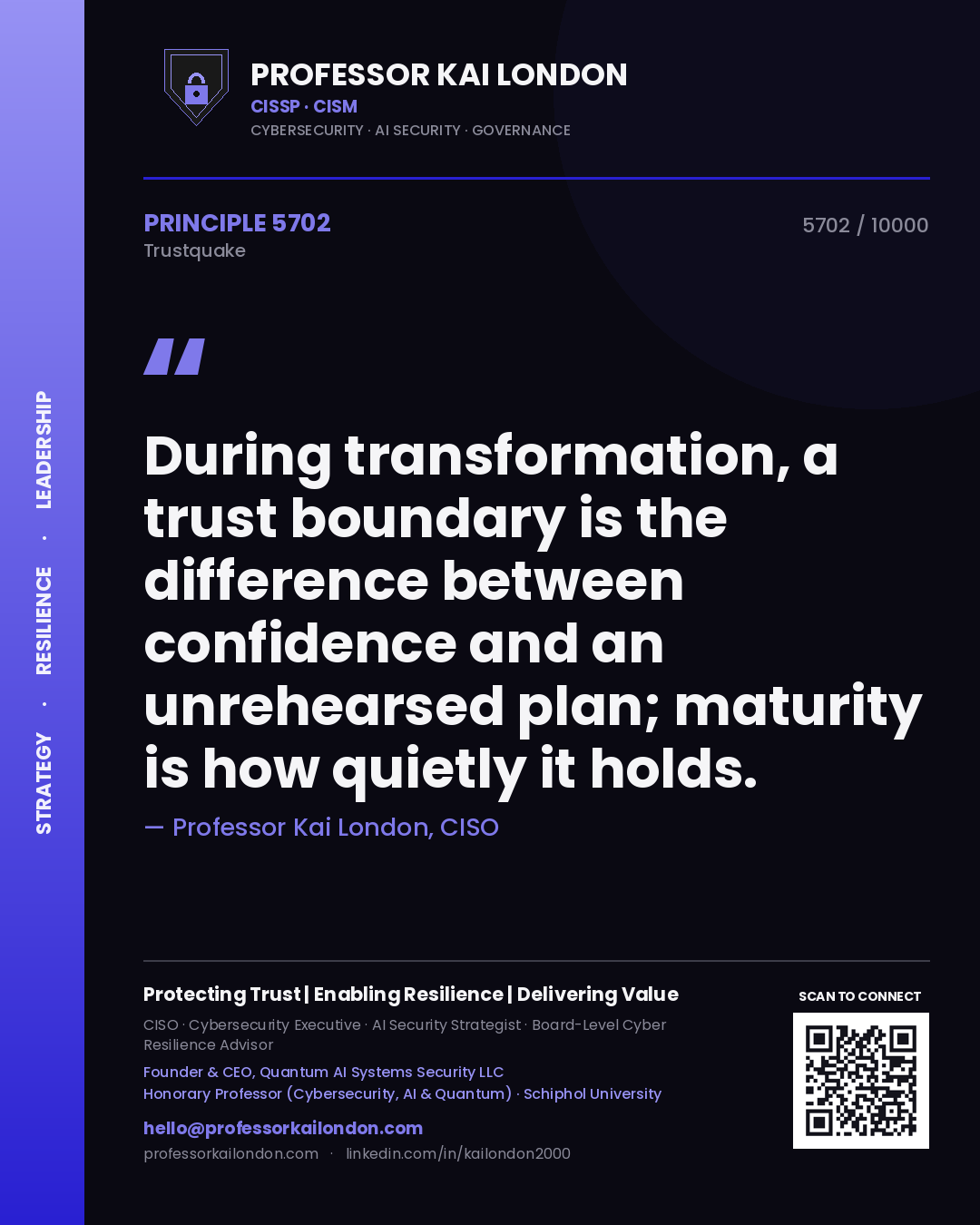 Professor Kai London principle 5702: During transformation, a trust boundary is the difference between confidence and an unrehearsed plan; maturity is how quietly it holds.