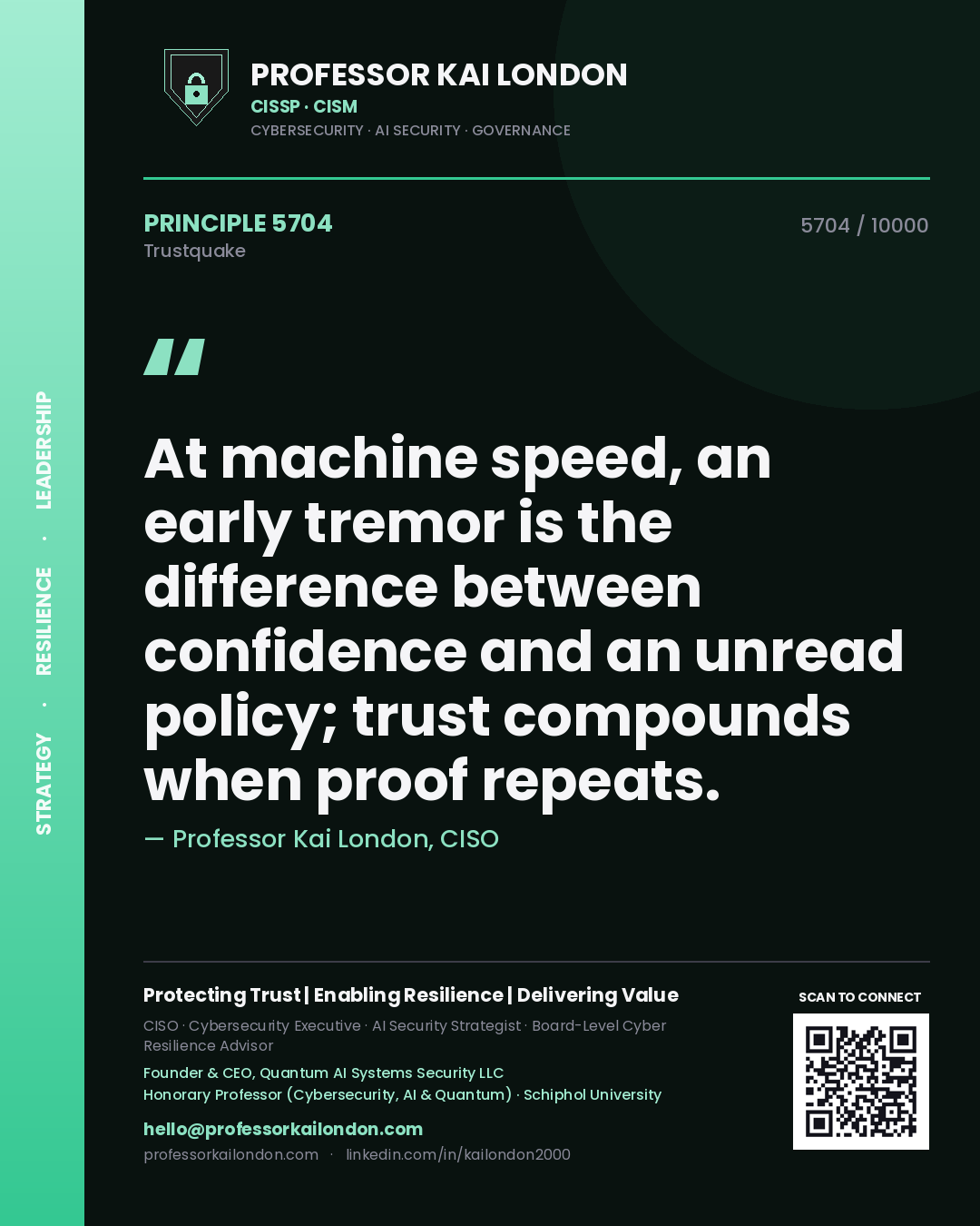 Professor Kai London principle 5704: At machine speed, an early tremor is the difference between confidence and an unread policy; trust compounds when proof repeats.