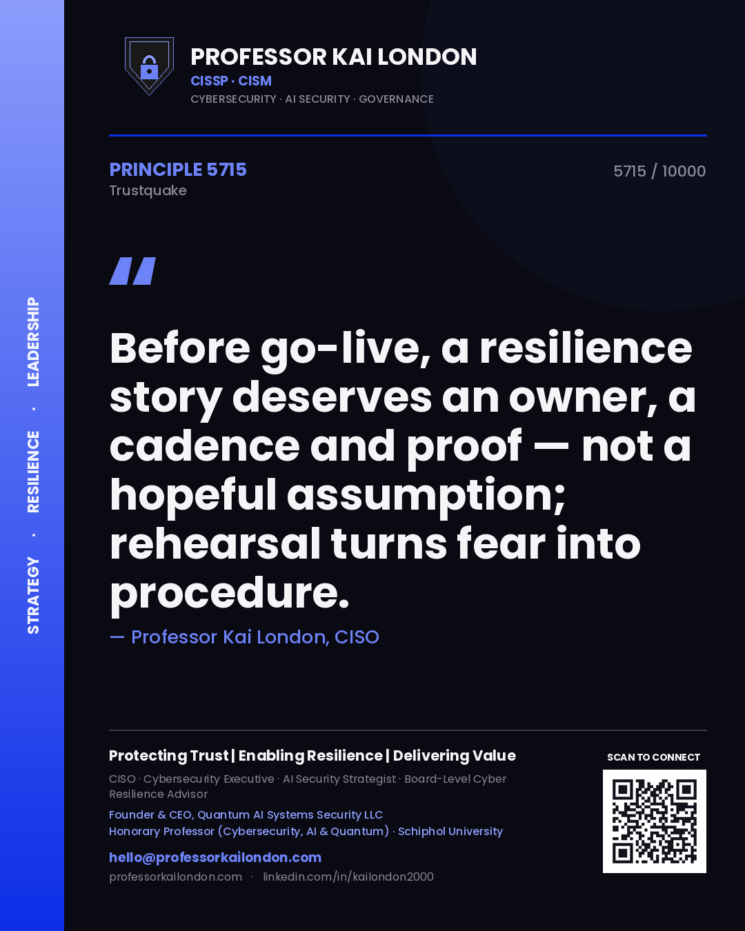 Professor Kai London principle 5715: Before go-live, a resilience story deserves an owner, a cadence and proof — not a hopeful assumption; rehearsal turns fear into procedure.