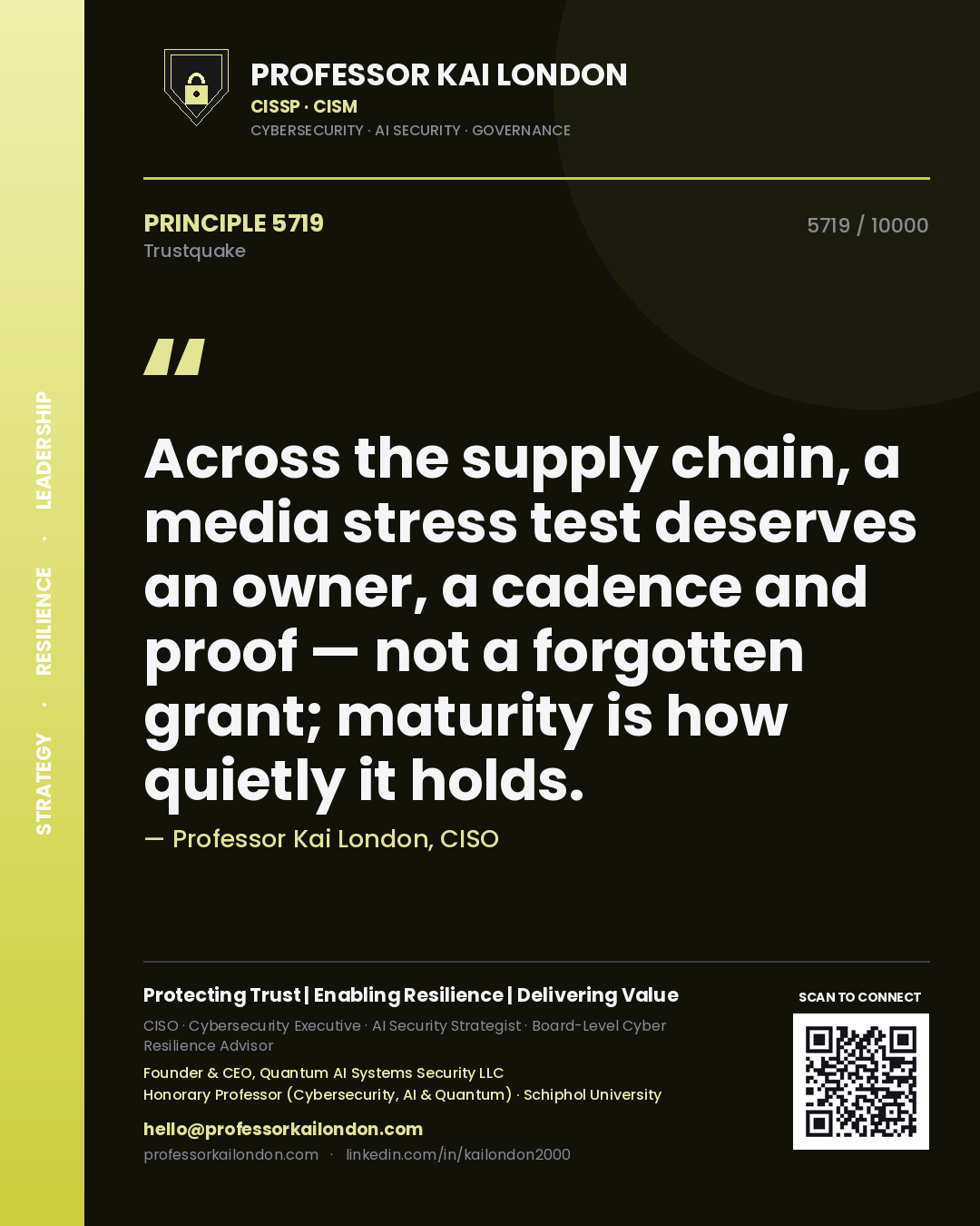 Professor Kai London principle 5719: Across the supply chain, a media stress test deserves an owner, a cadence and proof — not a forgotten grant; maturity is how quietly it holds.
