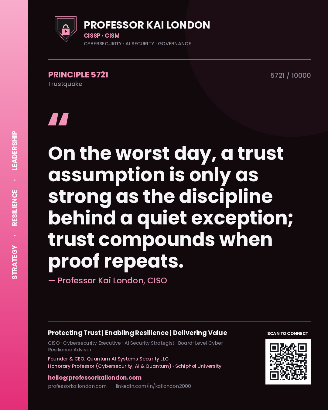 Professor Kai London principle 5721: On the worst day, a trust assumption is only as strong as the discipline behind a quiet exception; trust compounds when proof repeats.