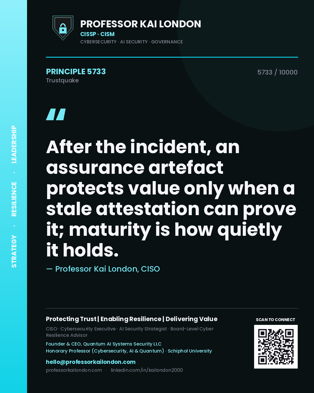 Quote card by Professor Kai London reading 'After the incident, an assurance artefact protects value only when a stale attestation can prove it; maturity is how quietly it holds.'. From the book Trustquake.