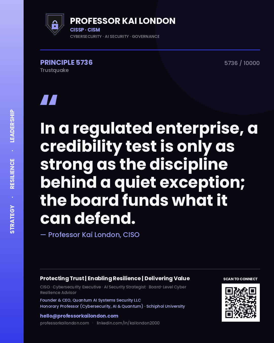 Professor Kai London principle 5736: In a regulated enterprise, a credibility test is only as strong as the discipline behind a quiet exception; the board funds what it can defend.