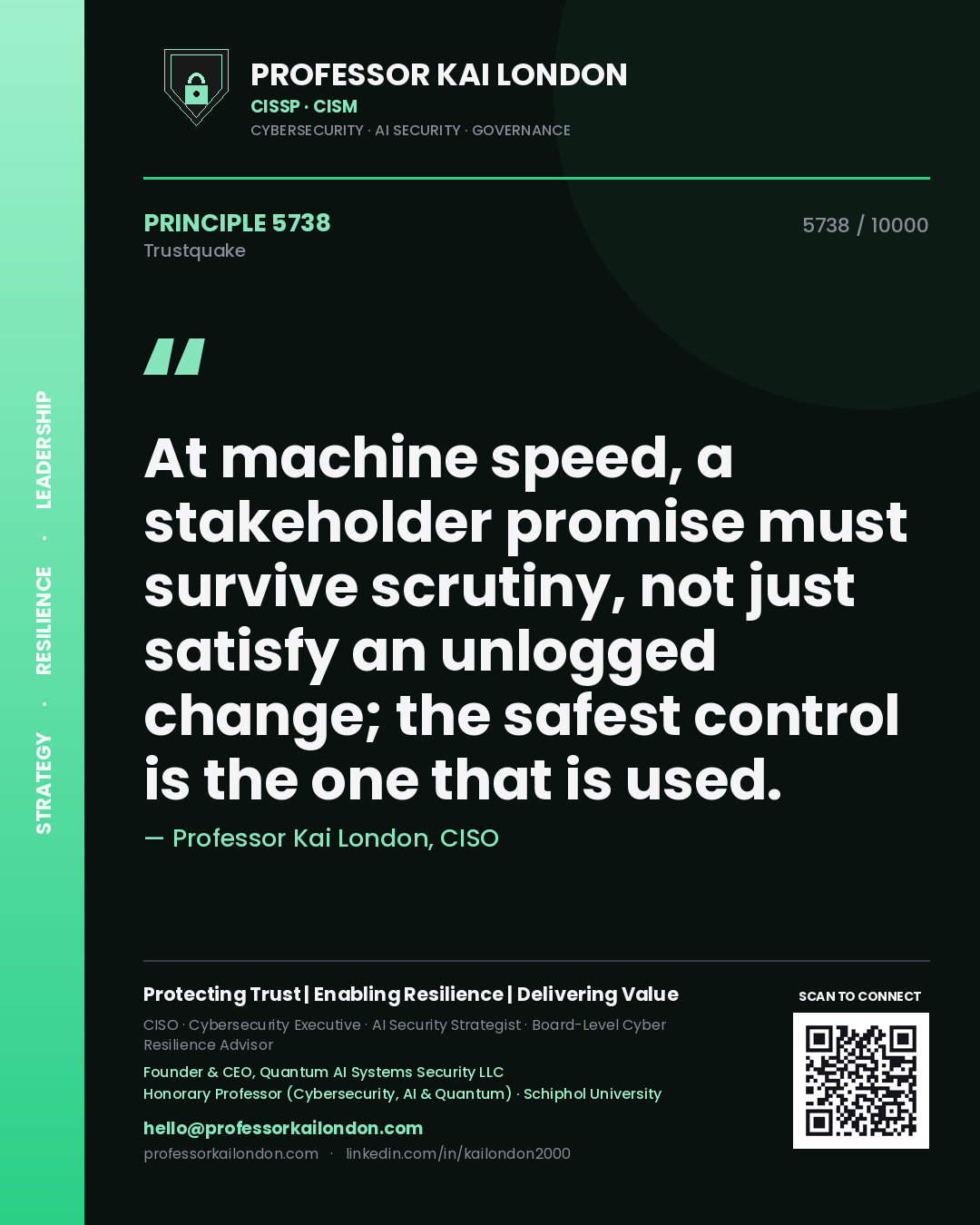 Professor Kai London principle 5738: At machine speed, a stakeholder promise must survive scrutiny, not just satisfy an unlogged change; the safest control is the one that is used.