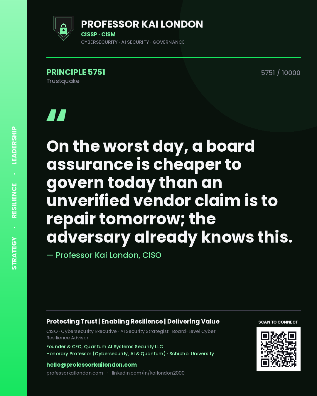 Professor Kai London principle 5751: On the worst day, a board assurance is cheaper to govern today than an unverified vendor claim is to repair tomorrow; the adversary already knows this.