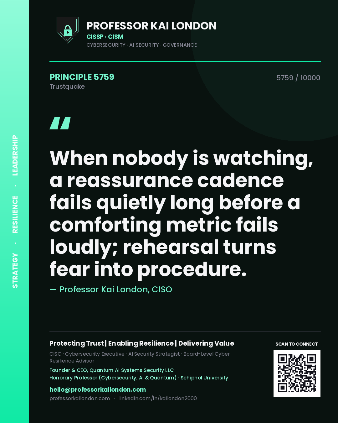 Professor Kai London principle 5759: When nobody is watching, a reassurance cadence fails quietly long before a comforting metric fails loudly; rehearsal turns fear into procedure.
