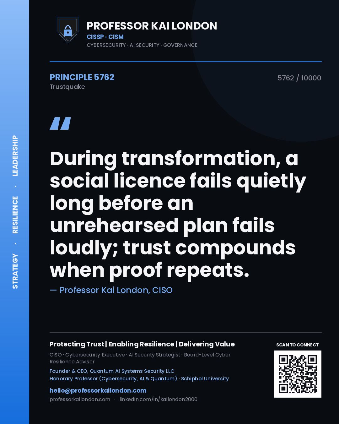 Quote card by Professor Kai London reading 'During transformation, a social licence fails quietly long before an unrehearsed plan fails loudly; trust compounds when proof repeats.'. From the book Trustquake.