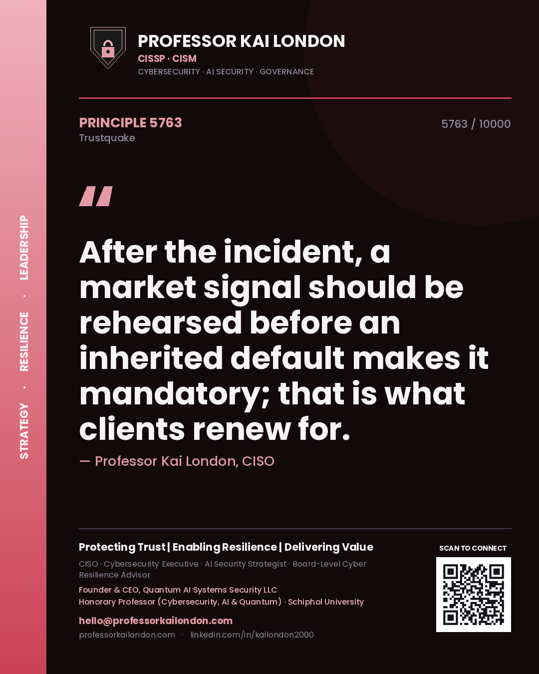 Quote card by Professor Kai London reading 'After the incident, a market signal should be rehearsed before an inherited default makes it mandatory; that is what clients renew for.'. From the book Trustquake.