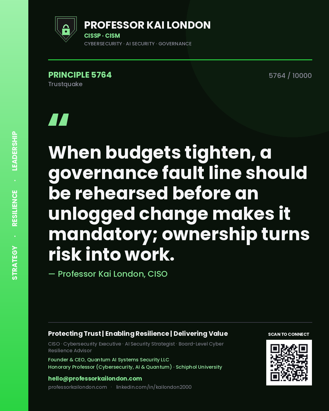 Quote card by Professor Kai London reading 'When budgets tighten, a governance fault line should be rehearsed before an unlogged change makes it mandatory; ownership turns risk into work.'. From the book Trustquake.