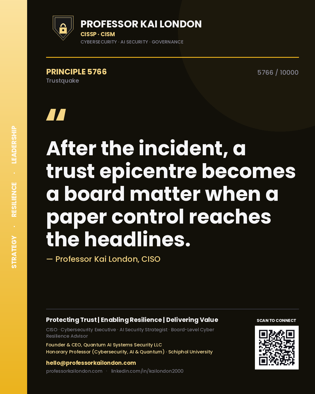 Professor Kai London principle 5766: After the incident, a trust epicentre becomes a board matter when a paper control reaches the headlines.