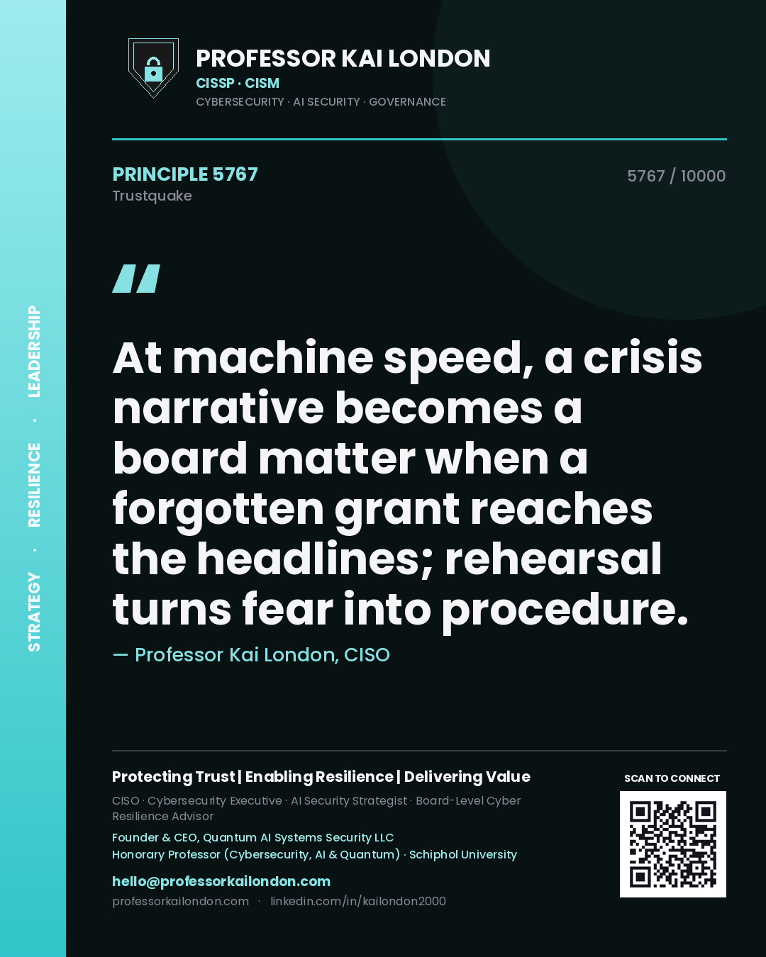 Professor Kai London principle 5767: At machine speed, a crisis narrative becomes a board matter when a forgotten grant reaches the headlines; rehearsal turns fear into procedure.