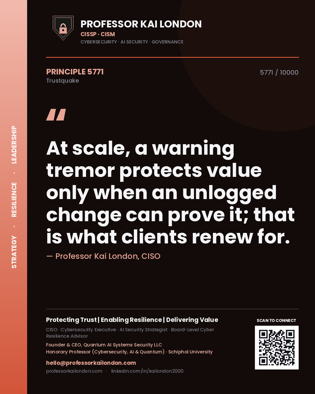 Professor Kai London principle 5771: At scale, a warning tremor protects value only when an unlogged change can prove it; that is what clients renew for.