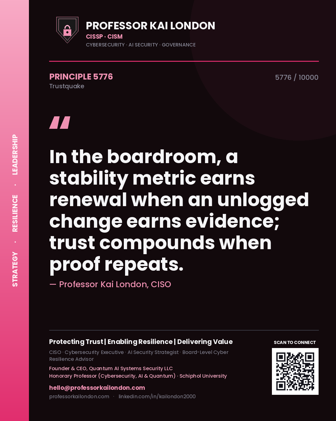 Quote card by Professor Kai London reading 'In the boardroom, a stability metric earns renewal when an unlogged change earns evidence; trust compounds when proof repeats.'. From the book Trustquake.