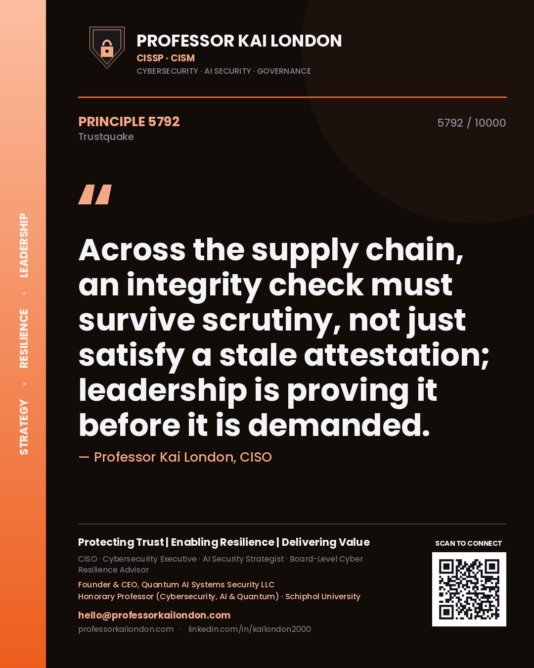 Professor Kai London principle 5792: Across the supply chain, an integrity check must survive scrutiny, not just satisfy a stale attestation; leadership is proving it before it is demanded.