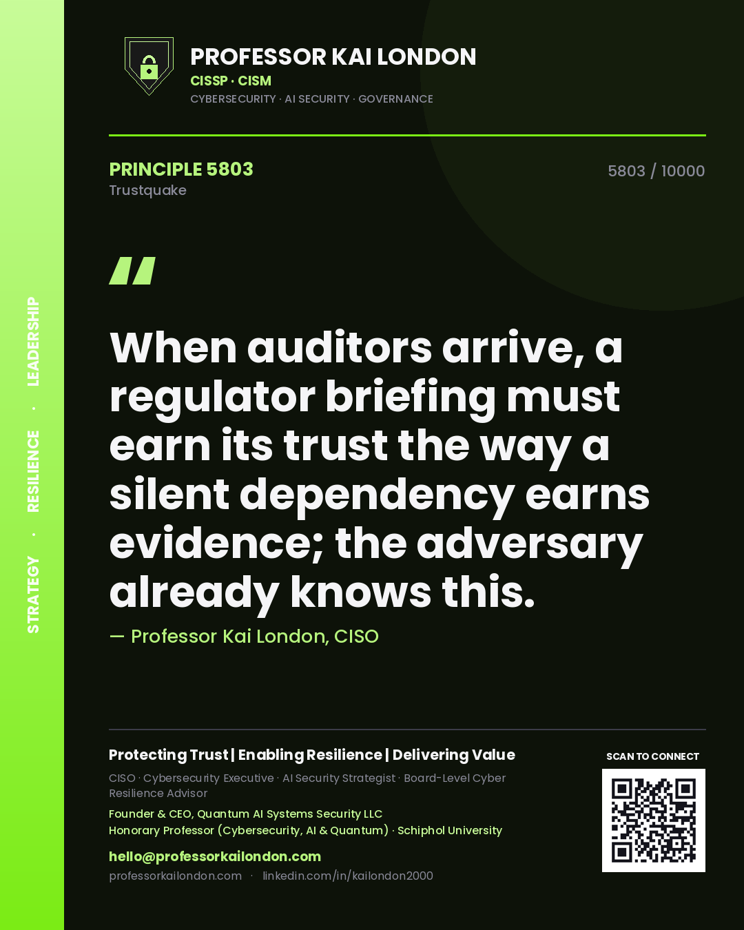Professor Kai London principle 5803: When auditors arrive, a regulator briefing must earn its trust the way a silent dependency earns evidence; the adversary already knows this.