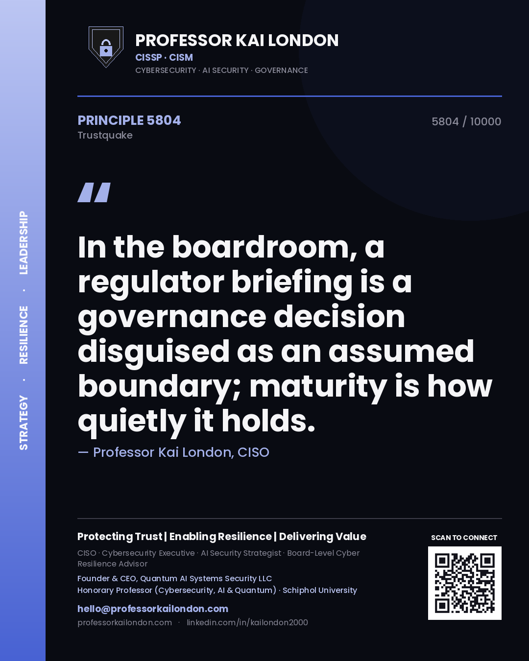 Quote card by Professor Kai London reading 'In the boardroom, a regulator briefing is a governance decision disguised as an assumed boundary; maturity is how quietly it holds.'. From the book Trustquake.