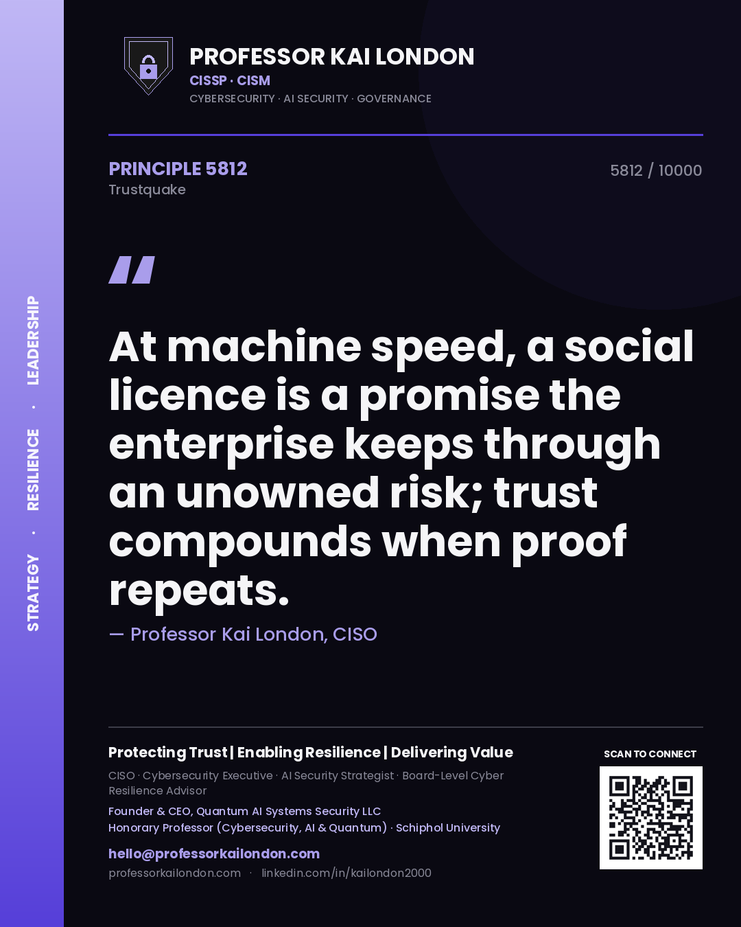 Quote card by Professor Kai London reading 'At machine speed, a social licence is a promise the enterprise keeps through an unowned risk; trust compounds when proof repeats.'. From the book Trustquake.
