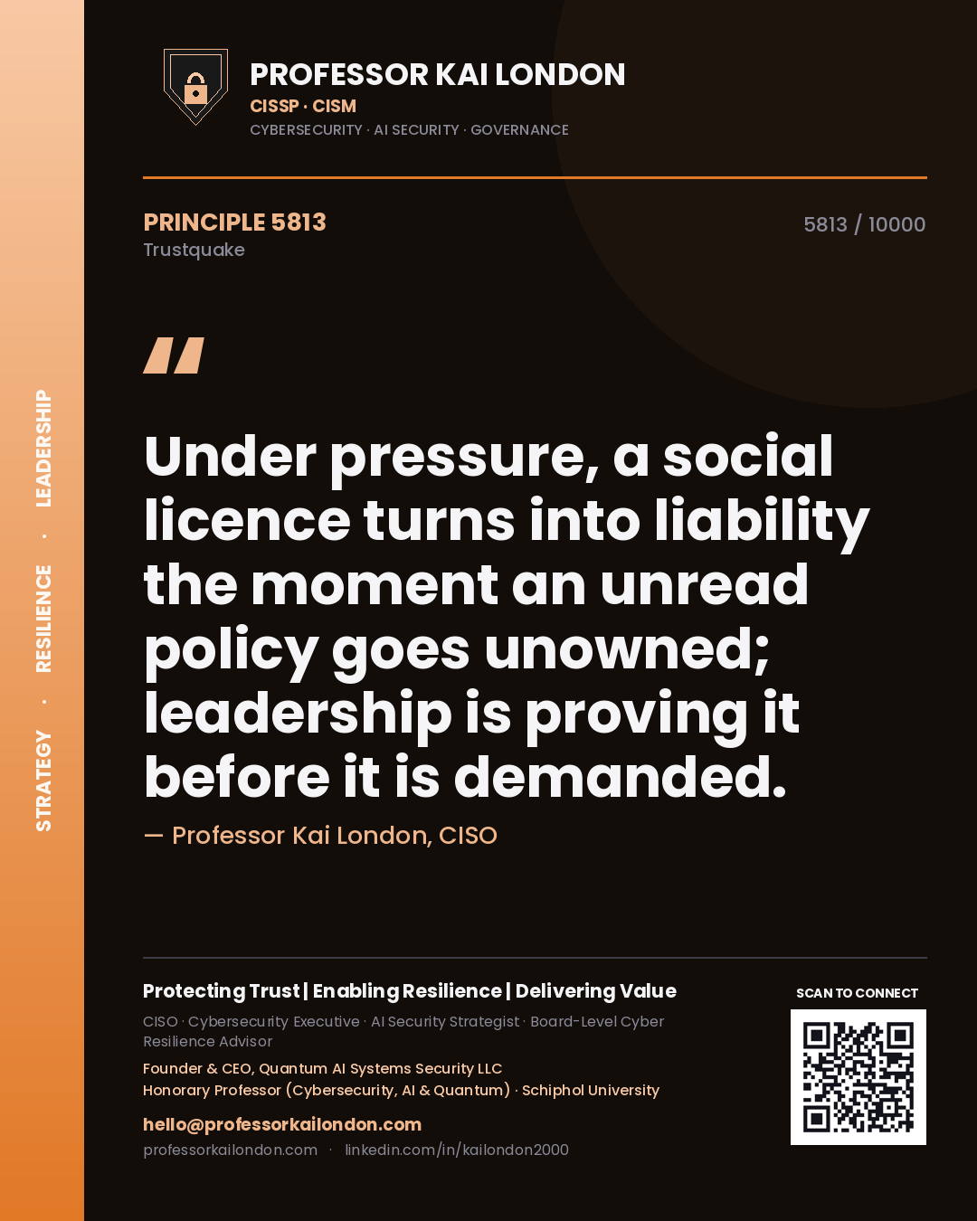 Professor Kai London principle 5813: Under pressure, a social licence turns into liability the moment an unread policy goes unowned; leadership is proving it before it is demanded.