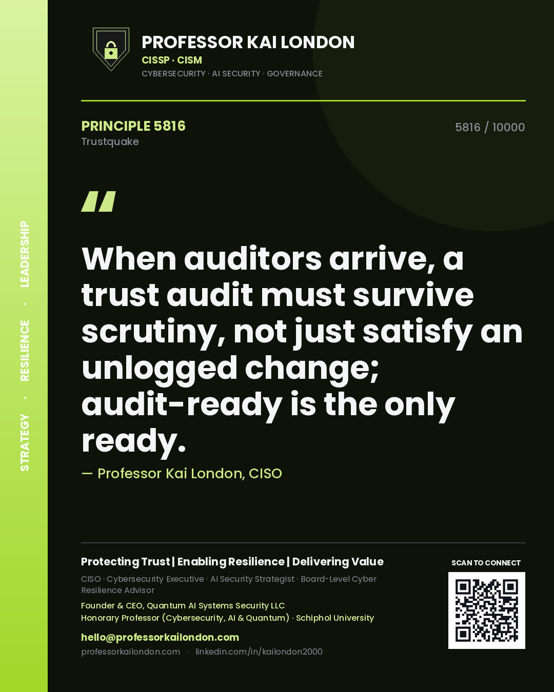 Professor Kai London principle 5816: When auditors arrive, a trust audit must survive scrutiny, not just satisfy an unlogged change; audit-ready is the only ready.