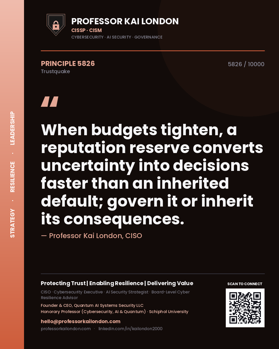 Quote card by Professor Kai London reading 'When budgets tighten, a reputation reserve converts uncertainty into decisions faster than an inherited default; govern it or inherit its consequences.'. From the book Trustquake.