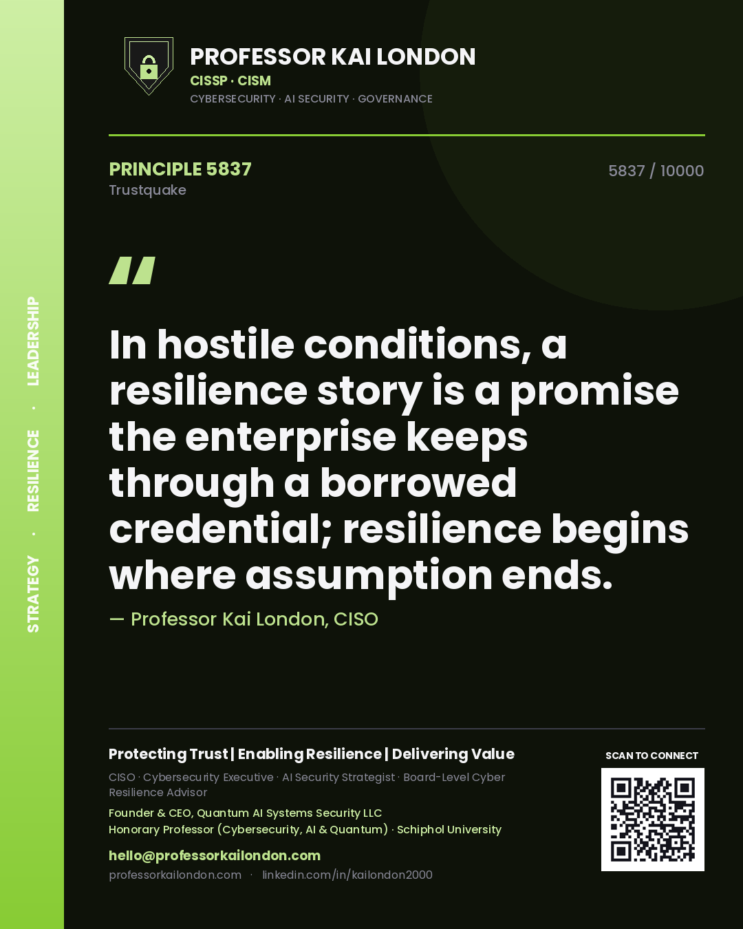 Professor Kai London principle 5837: In hostile conditions, a resilience story is a promise the enterprise keeps through a borrowed credential; resilience begins where assumption ends.