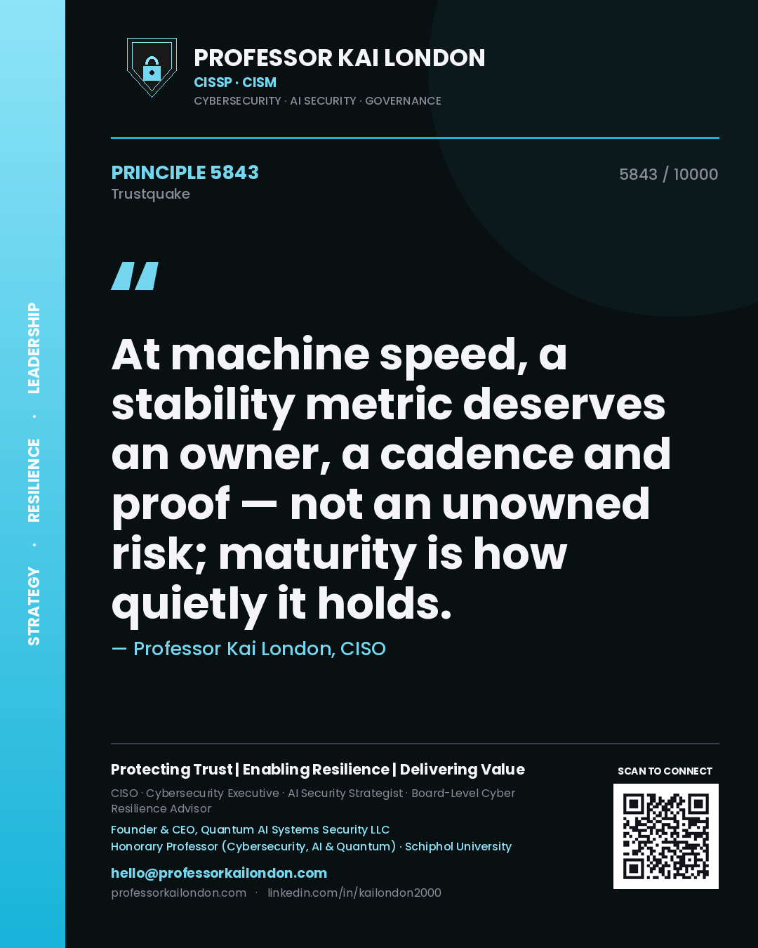 Professor Kai London principle 5843: At machine speed, a stability metric deserves an owner, a cadence and proof — not an unowned risk; maturity is how quietly it holds.