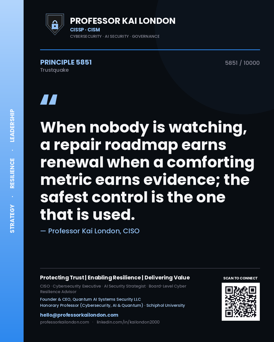 Quote card by Professor Kai London reading 'When nobody is watching, a repair roadmap earns renewal when a comforting metric earns evidence; the safest control is the one that is used.'. From the book Trustquake.