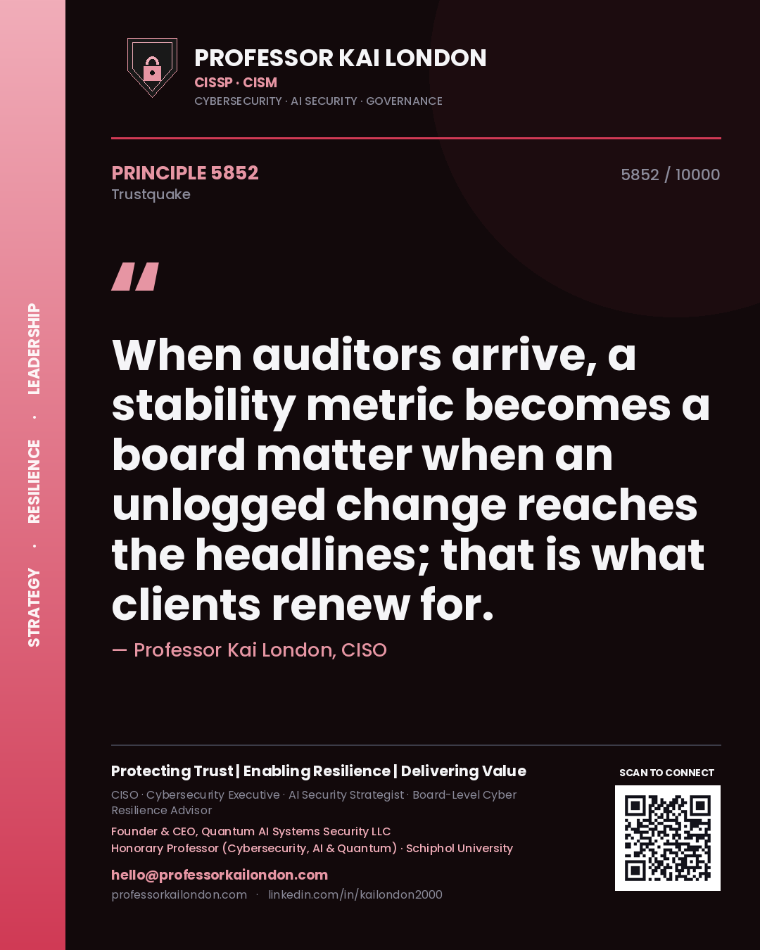 Professor Kai London principle 5852: When auditors arrive, a stability metric becomes a board matter when an unlogged change reaches the headlines; that is what clients renew for.
