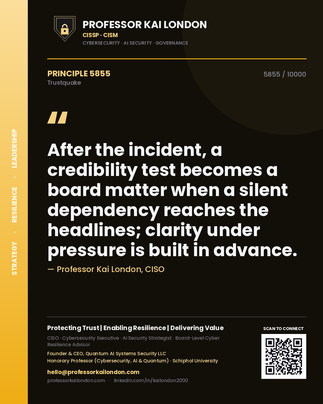 Quote card by Professor Kai London reading 'After the incident, a credibility test becomes a board matter when a silent dependency reaches the headlines; clarity under pressure is built in advance.'. From the book Trustquake.