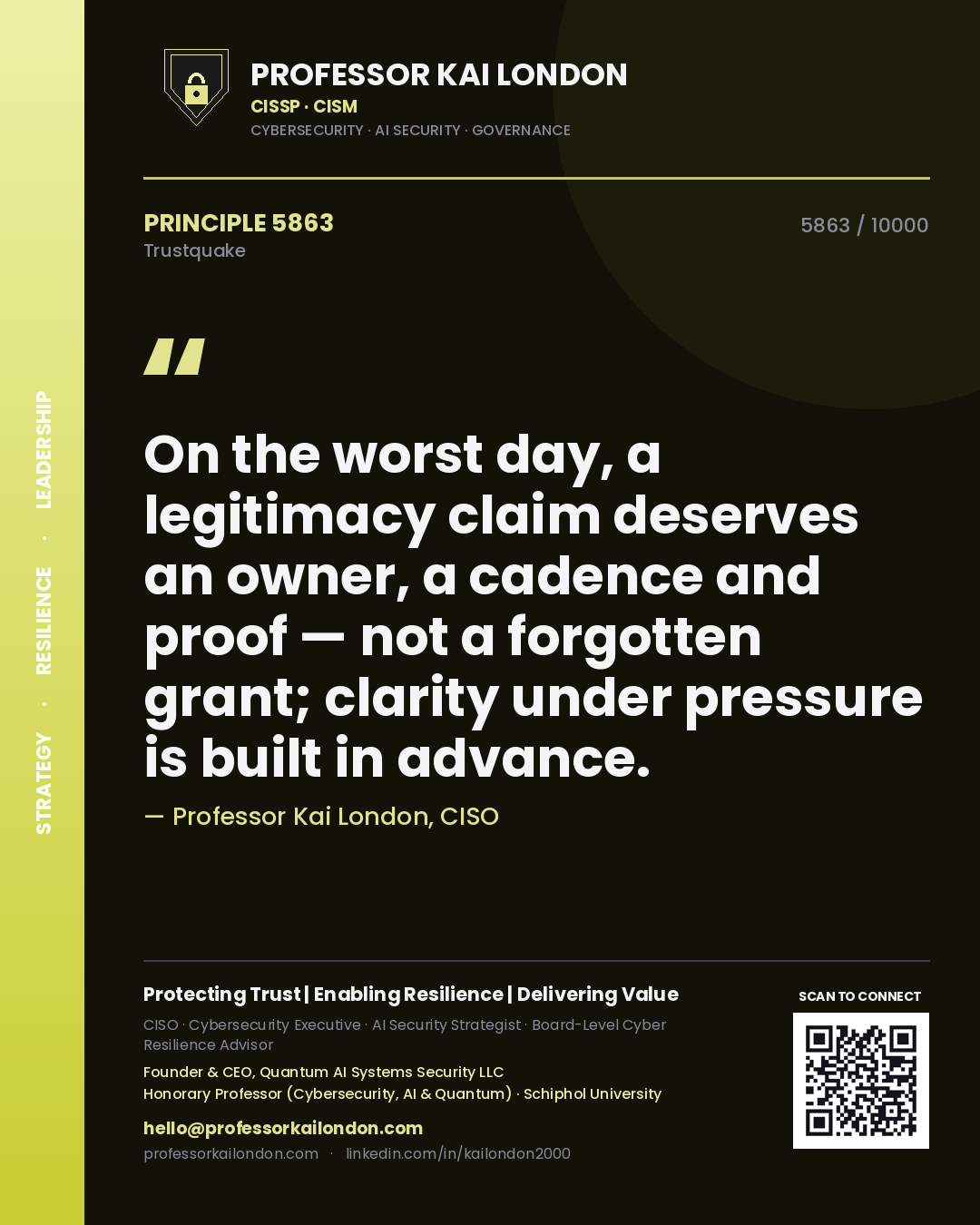 Quote card by Professor Kai London reading 'On the worst day, a legitimacy claim deserves an owner, a cadence and proof — not a forgotten grant; clarity under pressure is built in advance.'. From the book Trustquake.