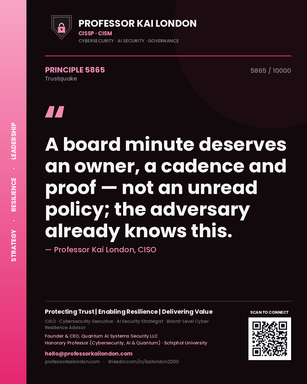 Quote card by Professor Kai London reading 'A board minute deserves an owner, a cadence and proof — not an unread policy; the adversary already knows this.'. From the book Trustquake.