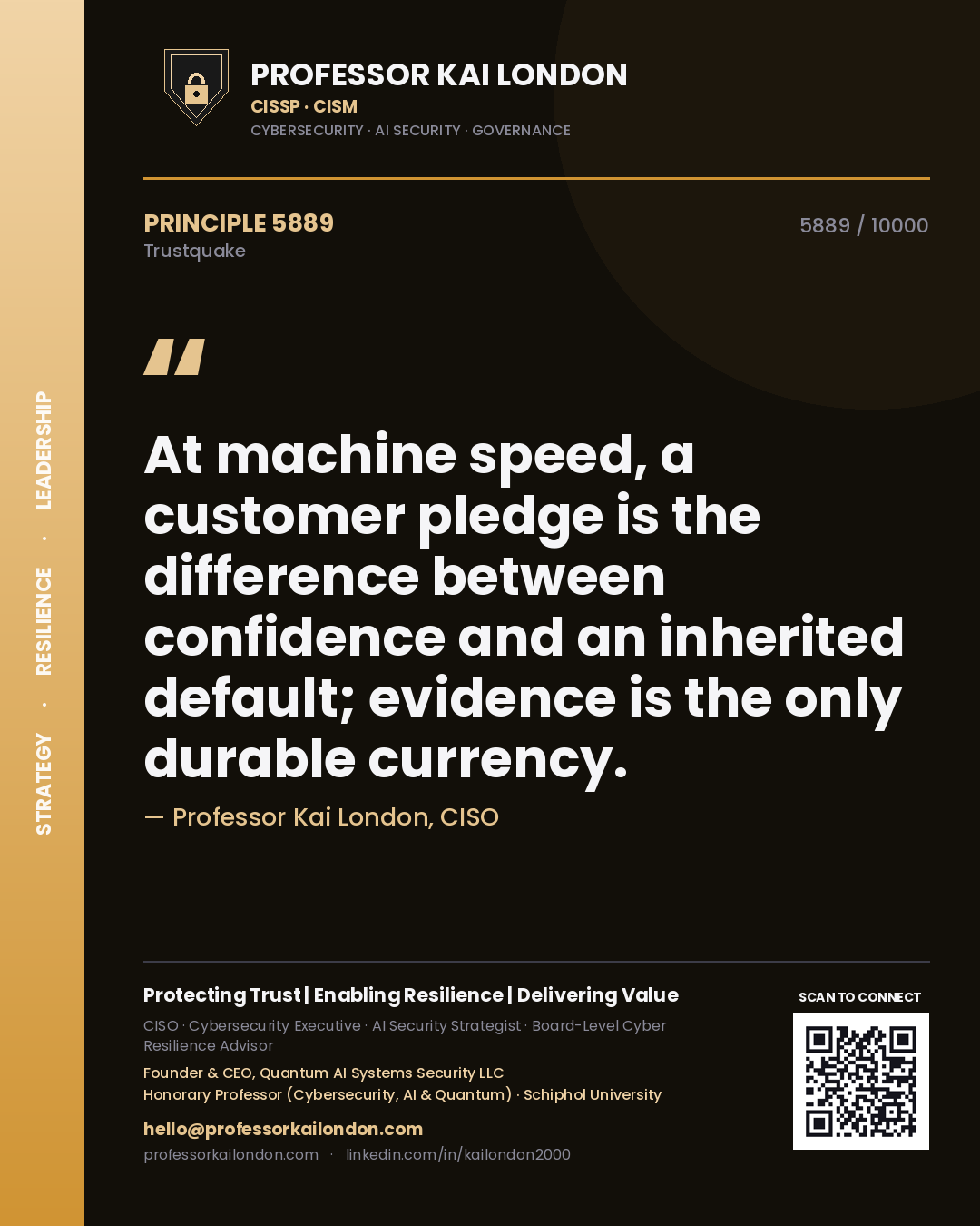 Quote card by Professor Kai London reading 'At machine speed, a customer pledge is the difference between confidence and an inherited default; evidence is the only durable currency.'. From the book Trustquake.